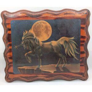 Vintage 80s Sue Dawe Unicorn Full Moon Resin Wood Plaque Retro fantasy 12" x 10"